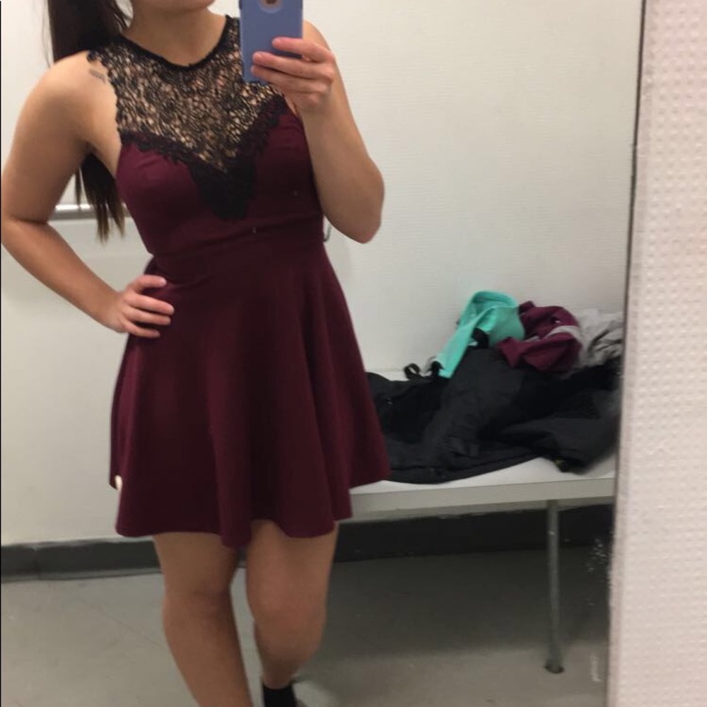 Maroon dress with lace like neckline